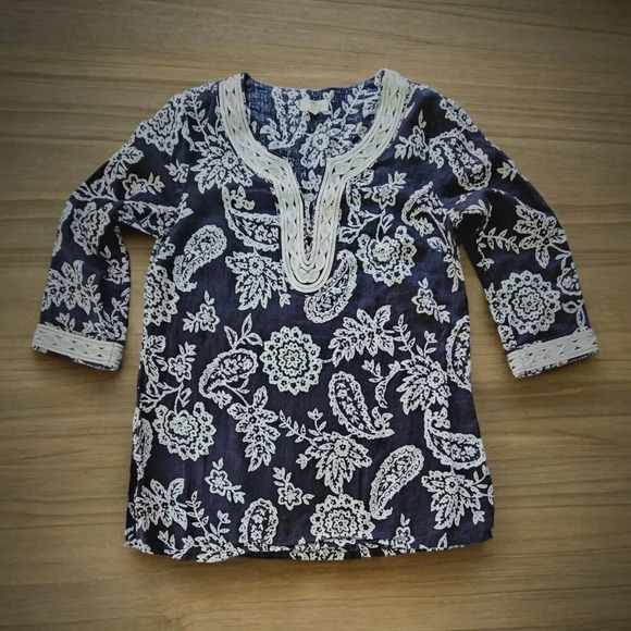 Charter Club Luxury 100% Linen Blue Paisley Tunic Top Size L Coastal Beachy - Picture 1 of 8